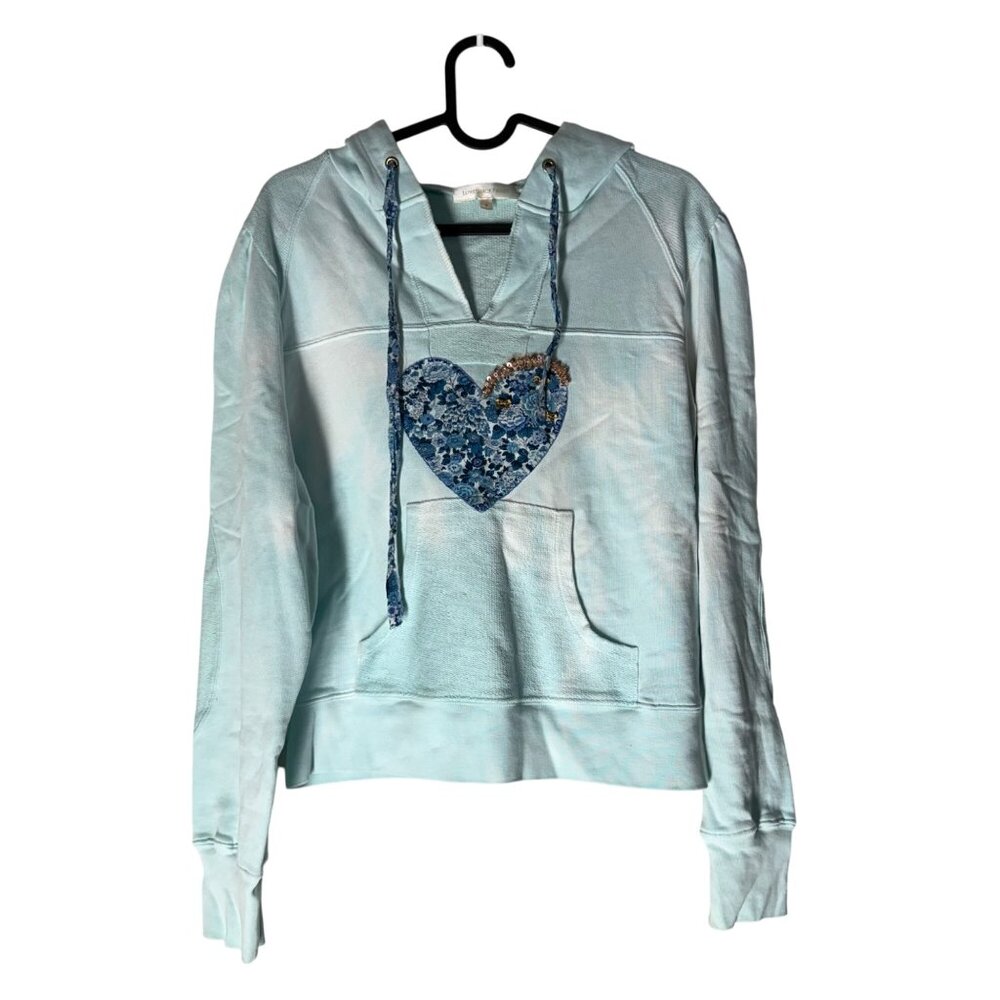 Love Shack Fancy Light Blue Tie Dye Floral Heart Sequin Hoodie Womens Medium
